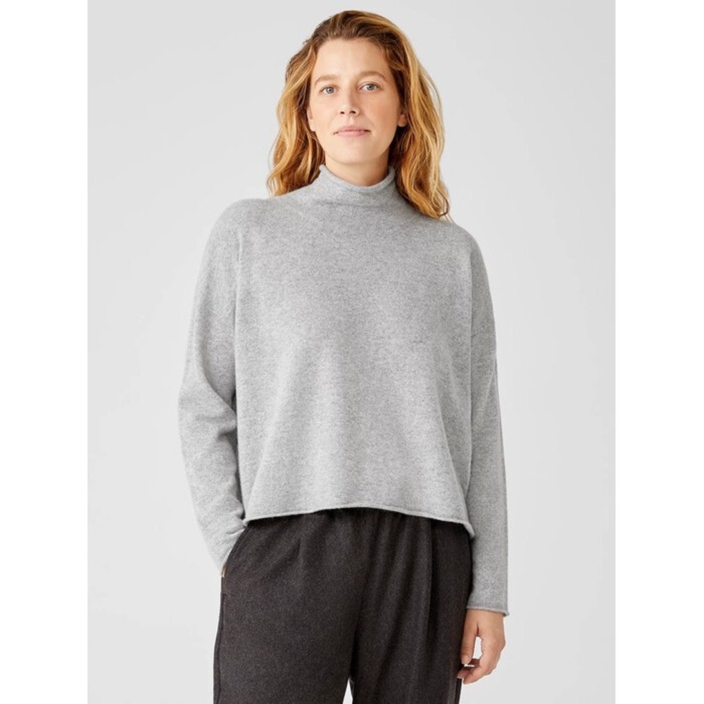 Eileen Fisher Womens 100% Cashmere Boxy Funnel Neck Sweater Grey Size L Large
